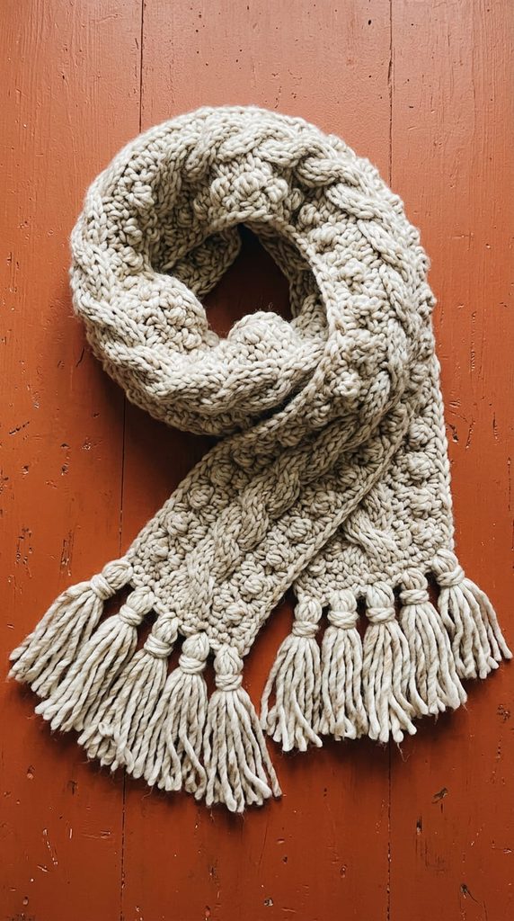 Chunky crochet scarf with tassel fringe detail