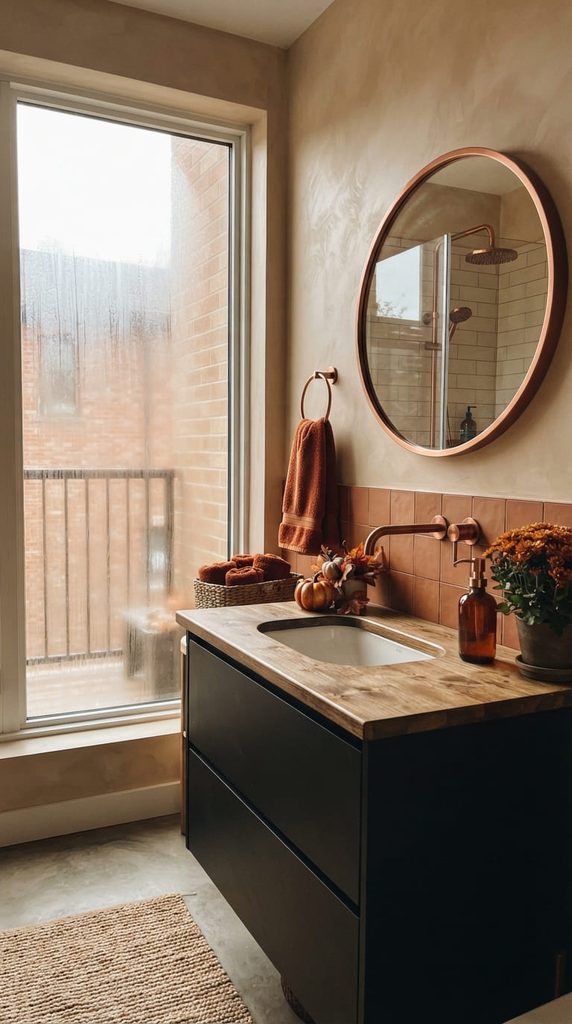 copper bronze fixtures for fall bathroom decor