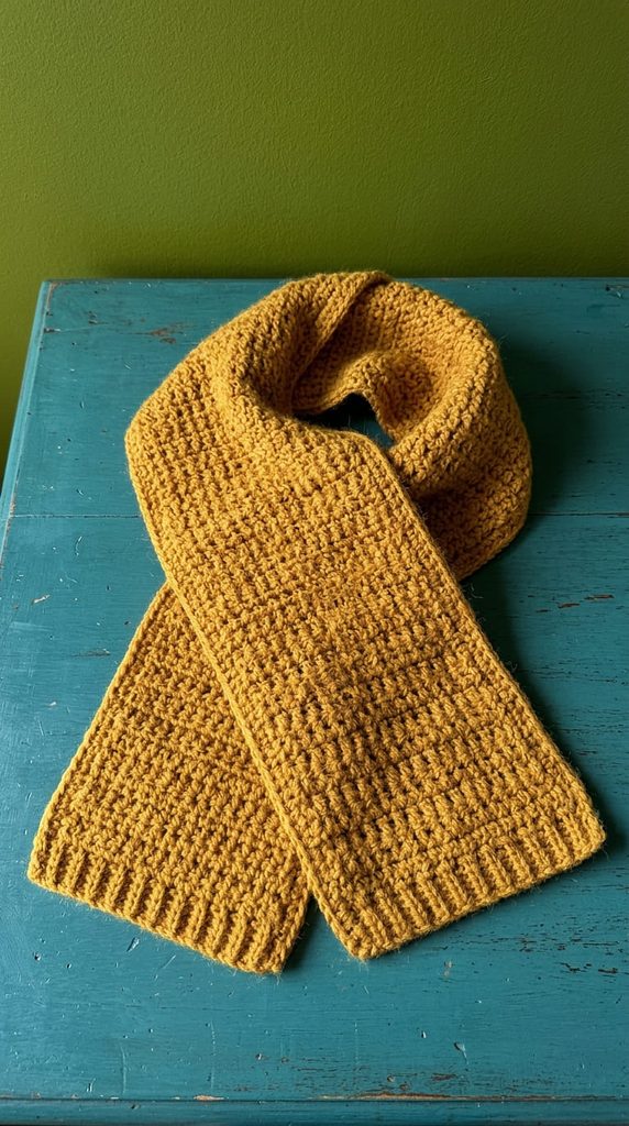  Textured crochet scarf made with griddle stitch