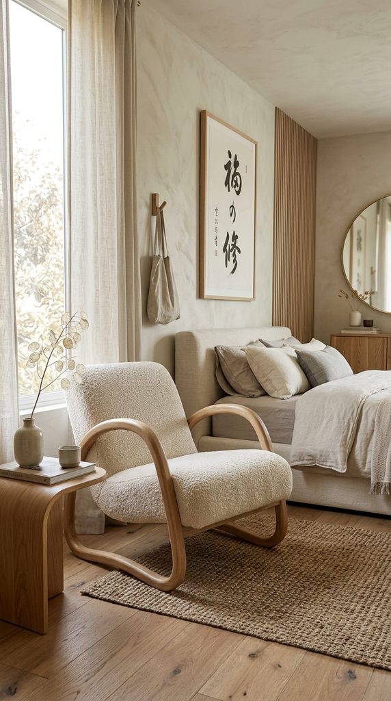 Curved organic shaped accent chair in a Japandi bedroom