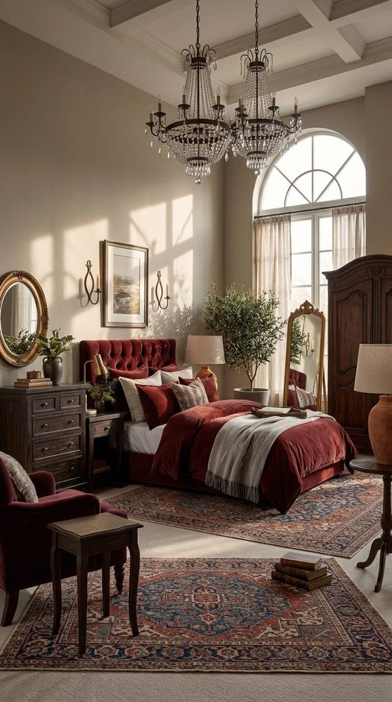 deep wine red accent pillows in tuscan bedroom