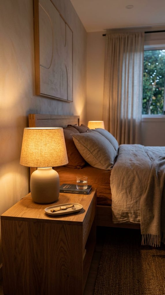 Warm toned dimmable lamp glowing on a Japandi bedroom nightstand