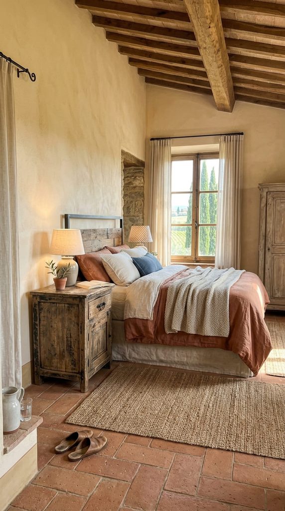 distressed aged wood nightstand in tuscan bedroom