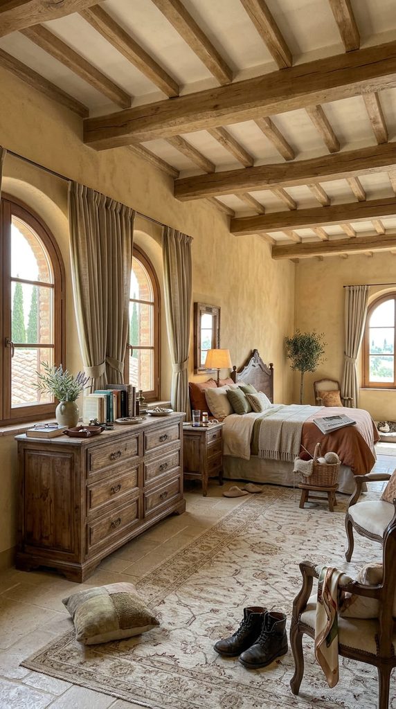 distressed wood dresser in tuscan style bedroom