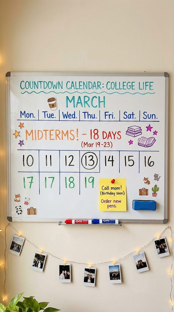 dorm room whiteboard countdown calendar with dry erase marker numbers