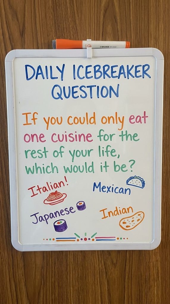 dorm door whiteboard with daily icebreaker question written in colorful marker