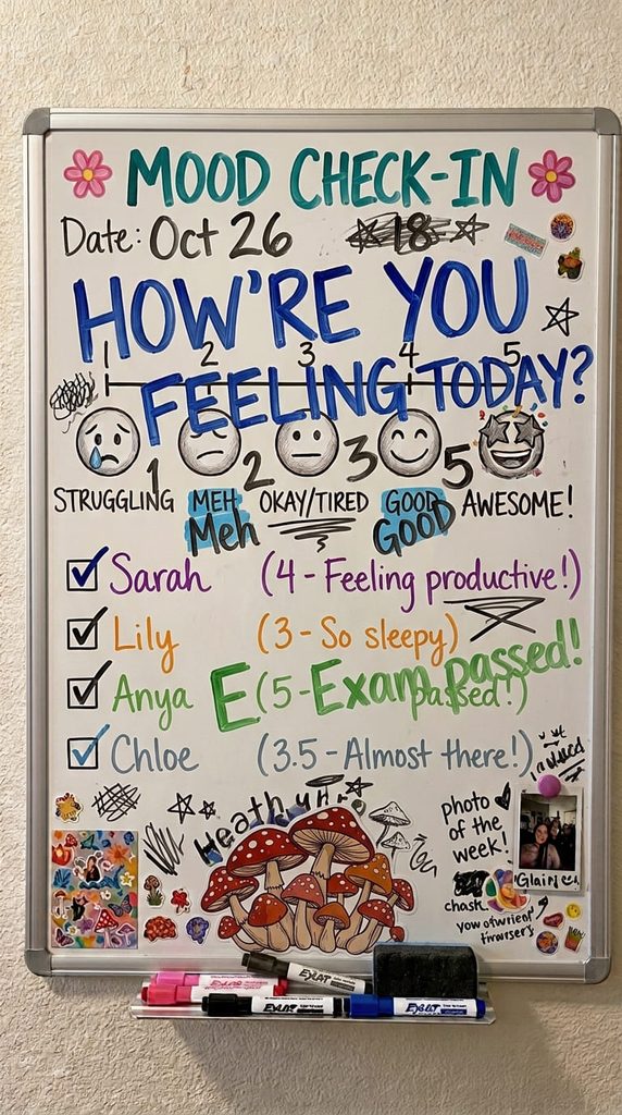 dorm whiteboard mood check-in with emoji scale drawing