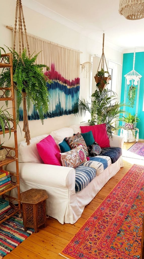 mismatched pattern throw pillows styled on a boho living room couch