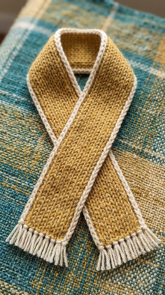 Small crochet mini scarf with knit-like texture and i-cord edge