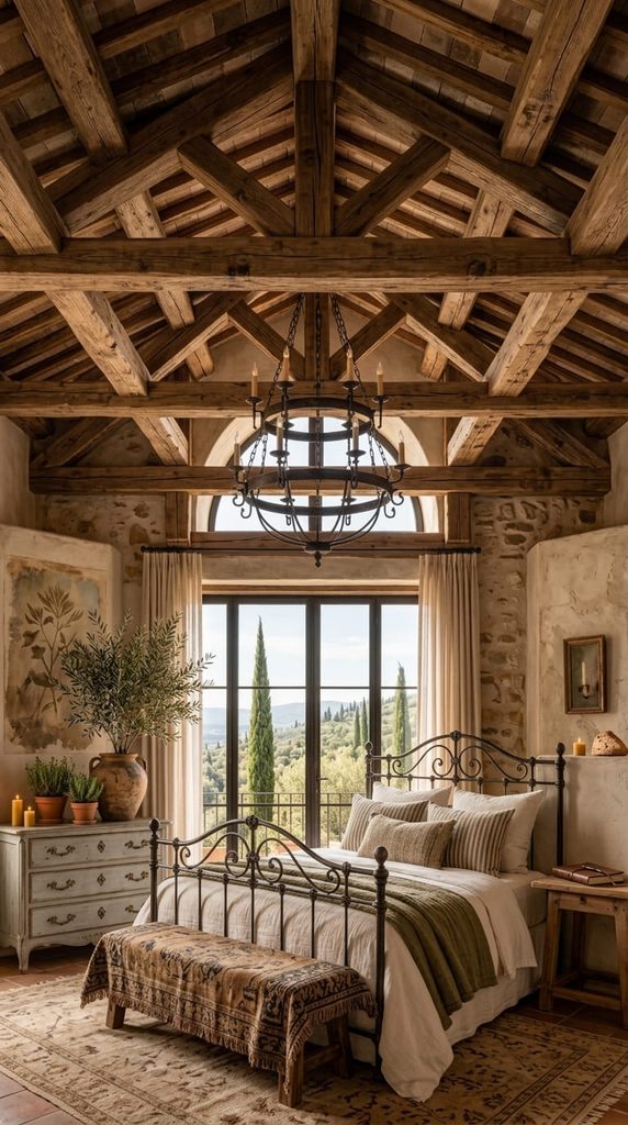 exposed rustic wood ceiling beams in tuscan bedroom