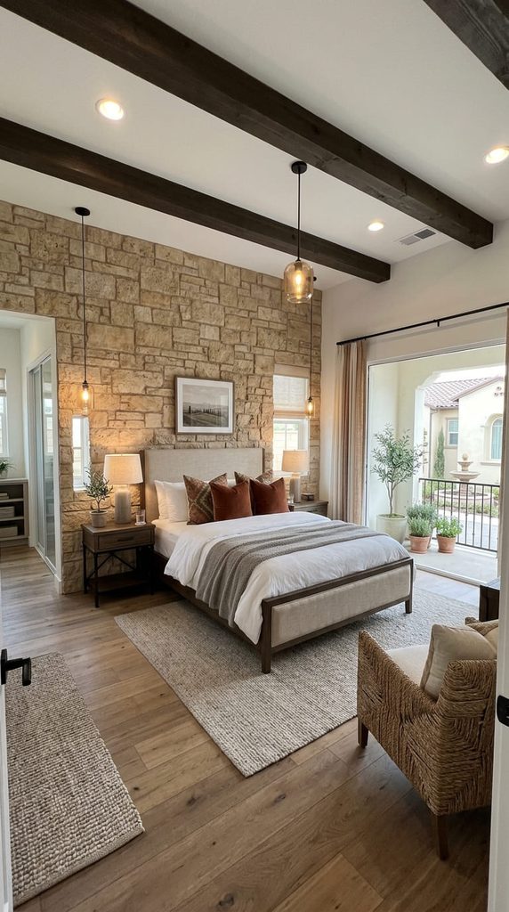 faux stone accent wall behind tuscan bedroom bed