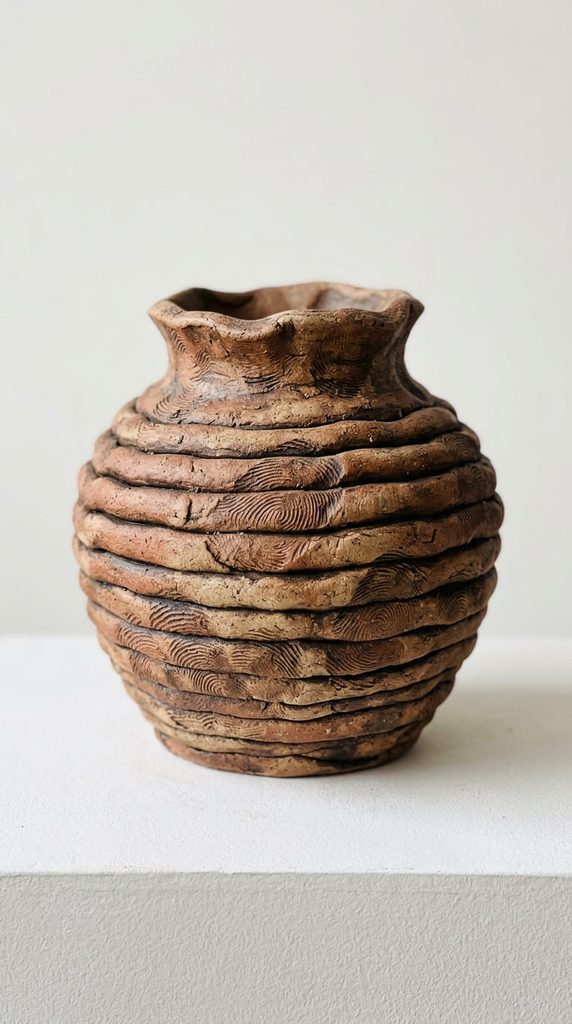 Coil pot with visible fingerprint texture pressed into the clay surface