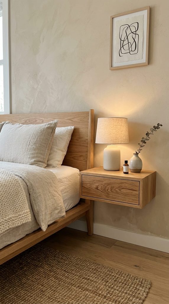 Wall mounted floating wood nightstand beside a Japandi bed