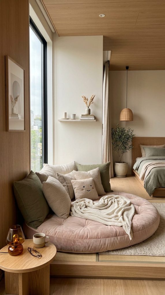 Low floor cushion reading nook in the corner of a Japandi bedroom