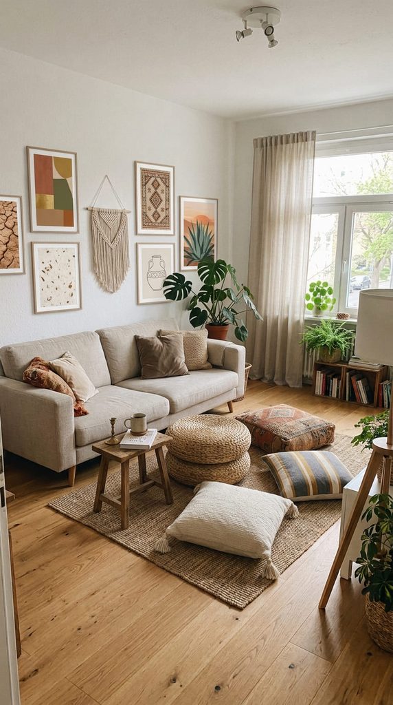 floor cushions and a woven pouf used as extra boho living room seating