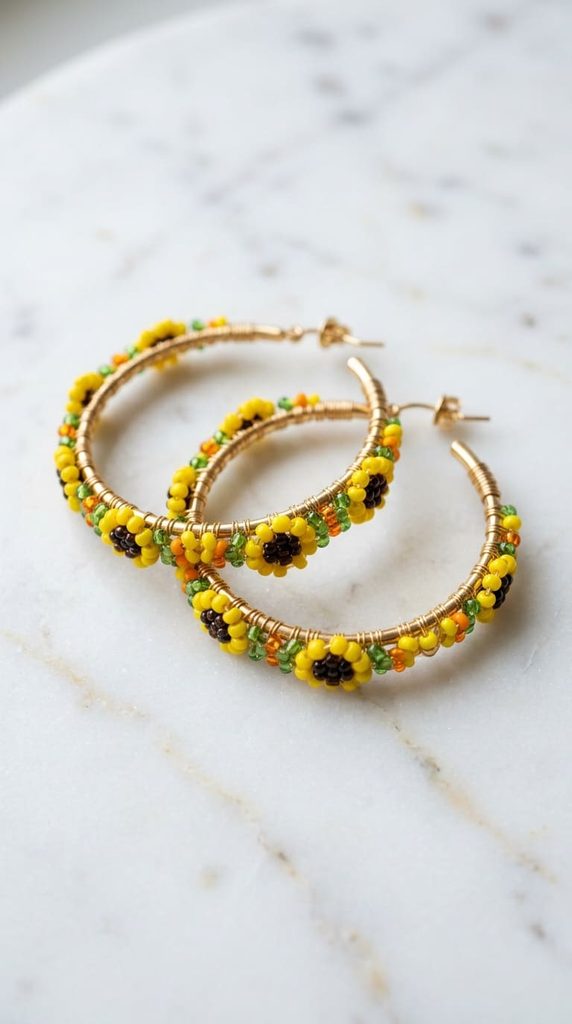 gold hoop earrings wrapped with sunflower seed beads
