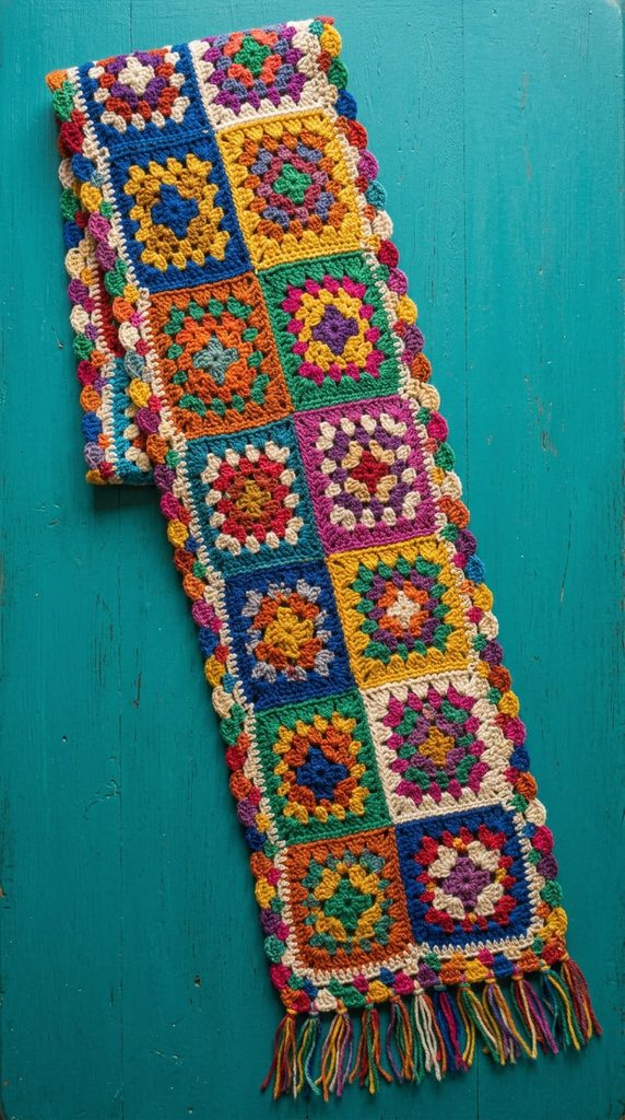 Colorful granny square crochet scarf with border