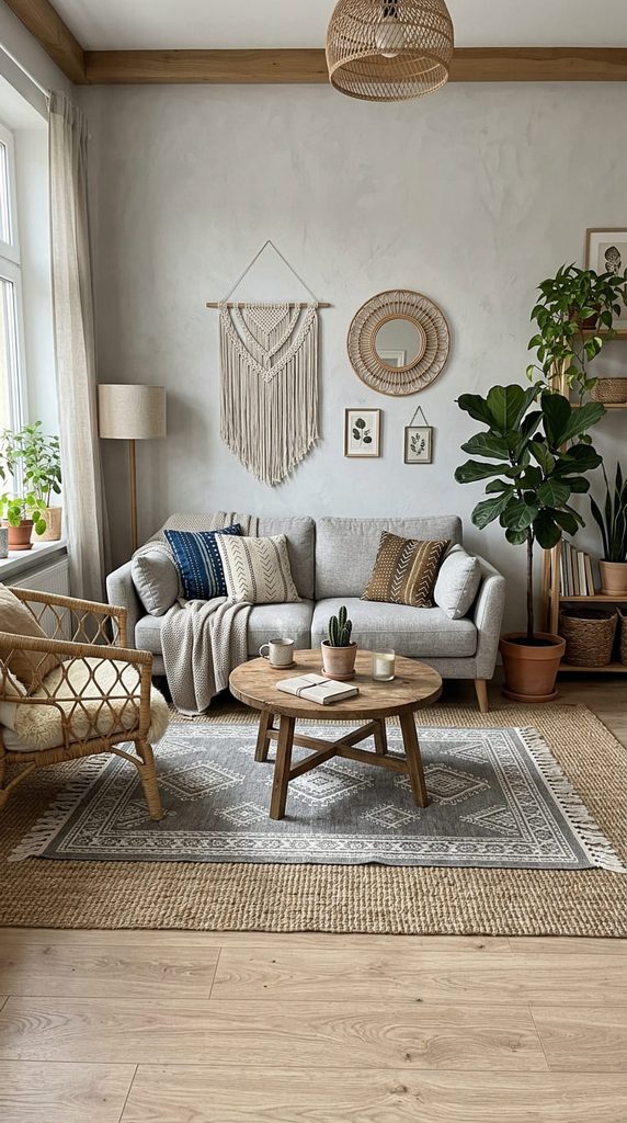 gray boho living room idea with two layered area rugs and a jute base