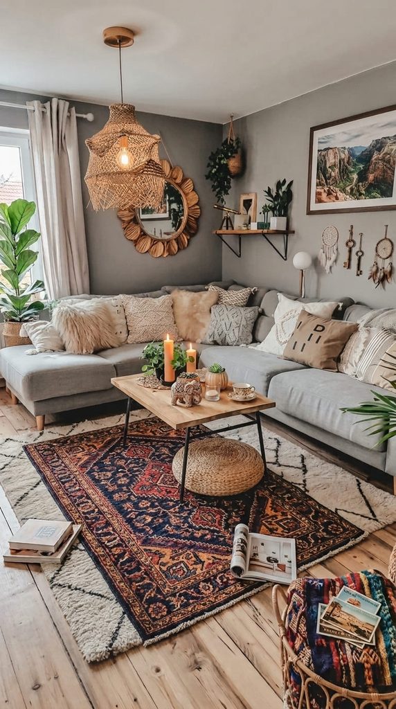 gray living room walls paired with warm wood and woven boho decor