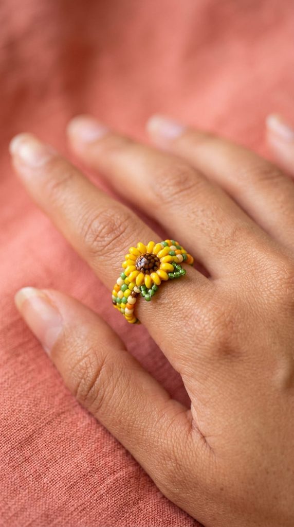 handmade beaded ring with a small sunflower bead accent
