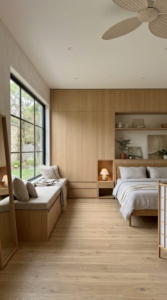 Built in wood cabinetry with hidden storage in a Japandi bedroom