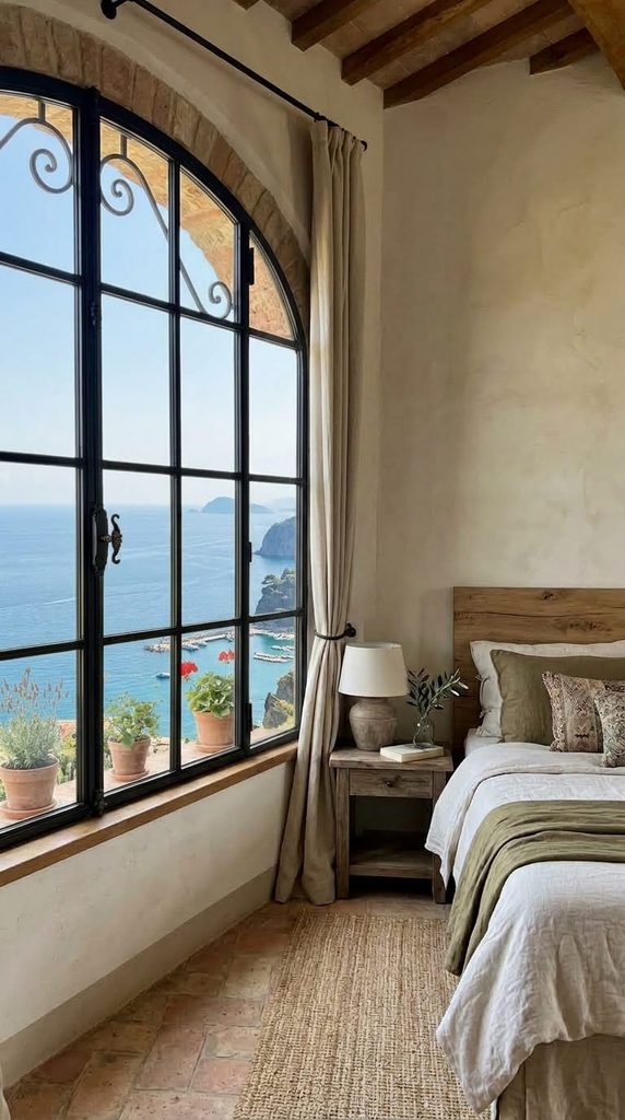 iron and glass window detail in tuscan style bedroom