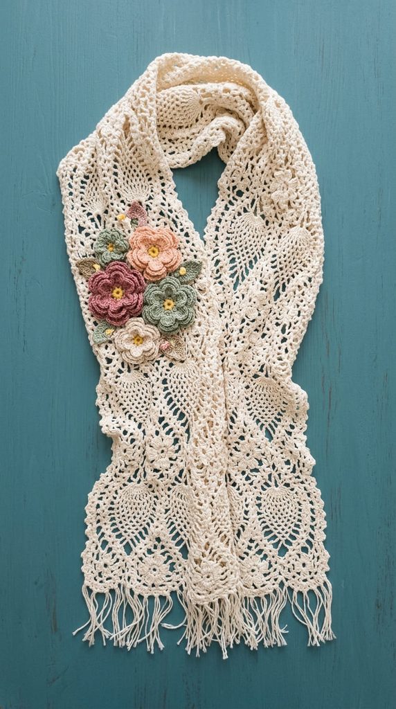 Crochet lace scarf embellished with flower detail