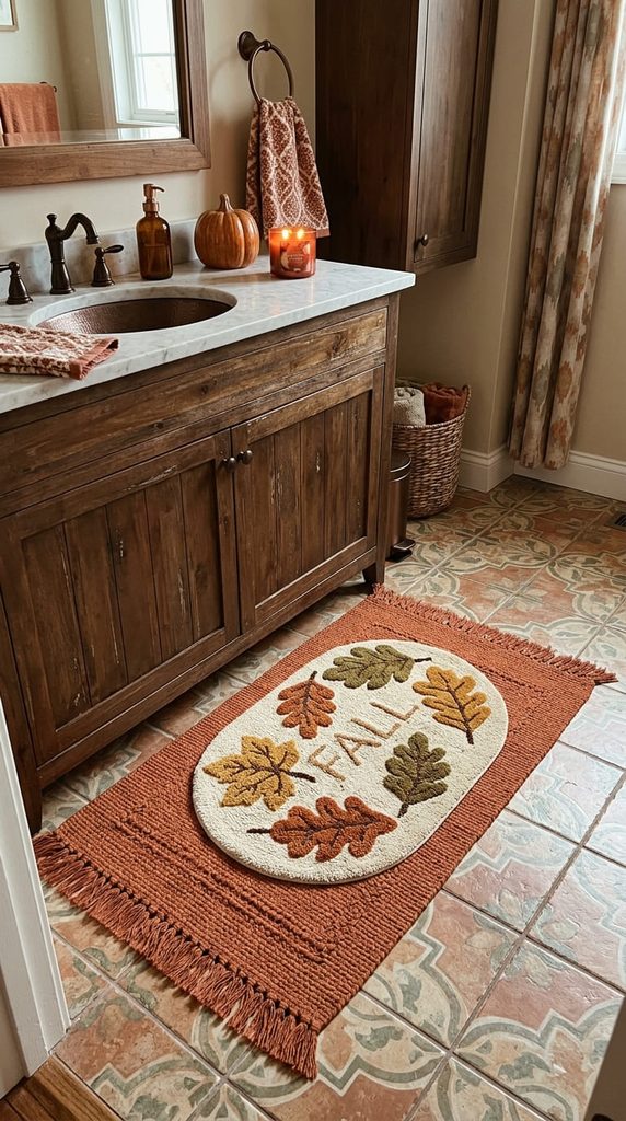 layered fall bathroom bath mats in warm tones