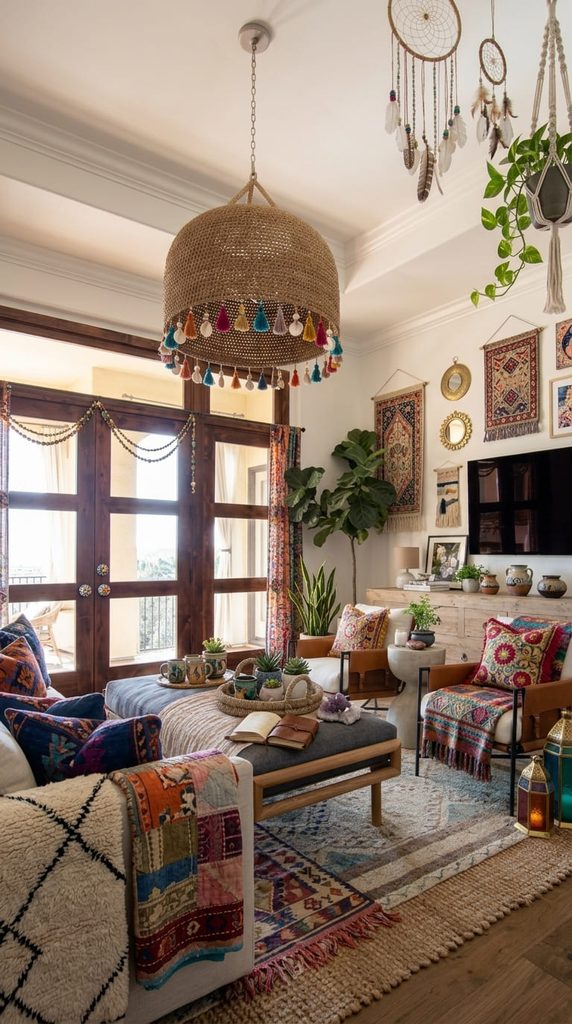jute rug layered with a vintage patterned rug in a boho living room