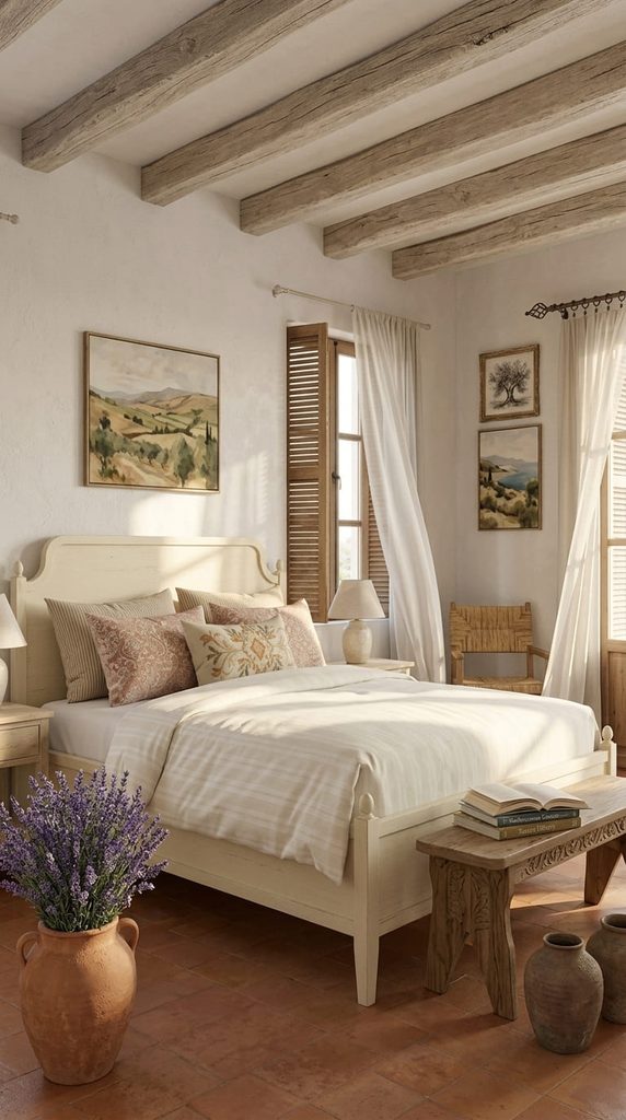 layered neutral linen bedding in tuscan style bedroom