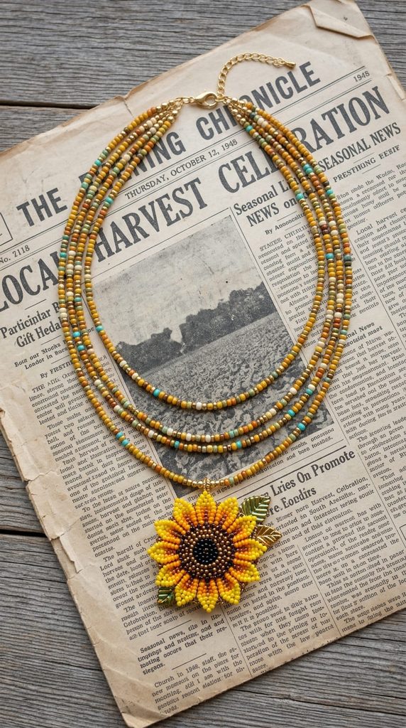 layered seed bead necklace with sunflower pendant