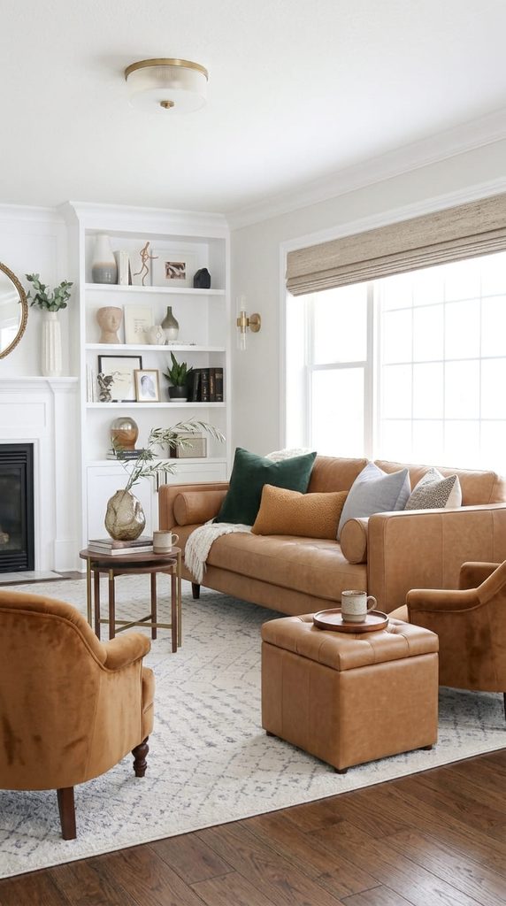 Soft caramel leather sofa design idea