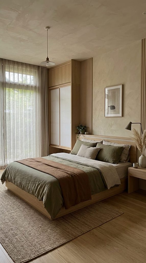 Muted earth toned linen bedding on a Japandi style bed