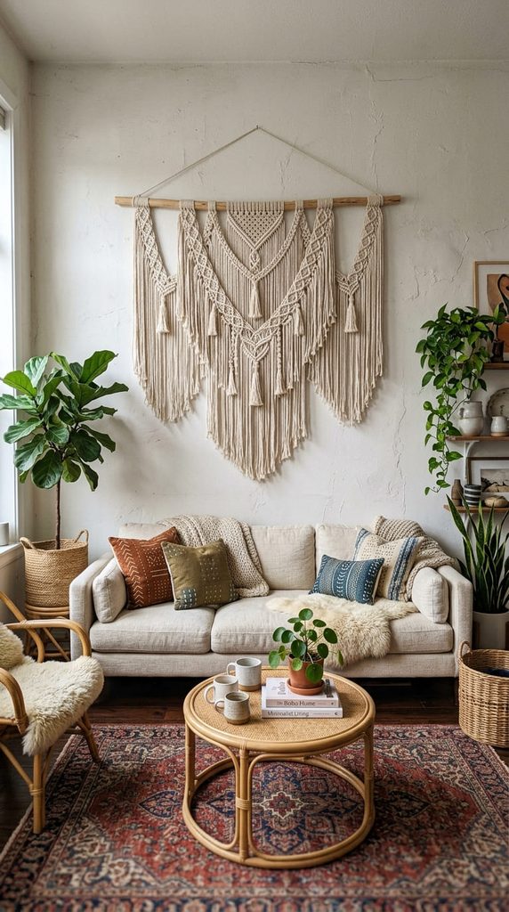 large macrame wall hanging as a focal point above a boho living room couch