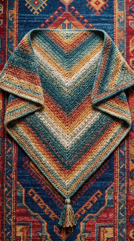Triangle shaped crochet scarf with moss stitch texture
