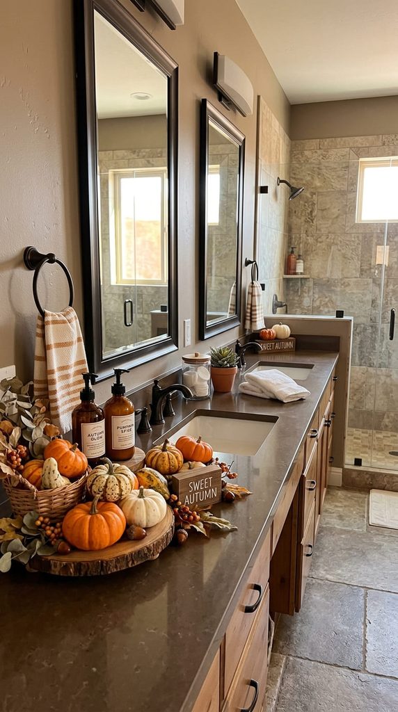 mini pumpkin display styled on bathroom counter