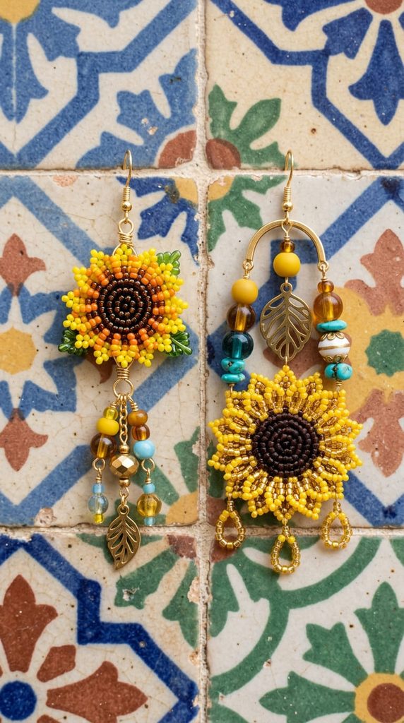 mismatched sunflower bead earrings in two different styles