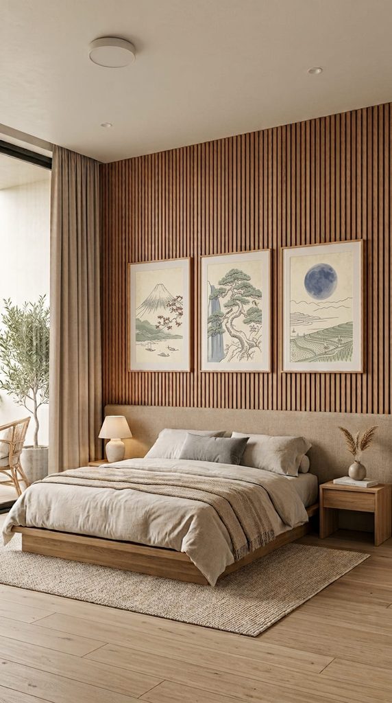 Muted tone line art prints hung above a Japandi bed