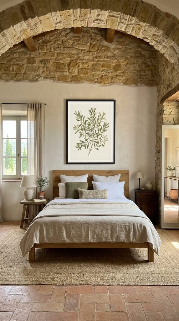 olive branch framed wall art above tuscan bedroom bed