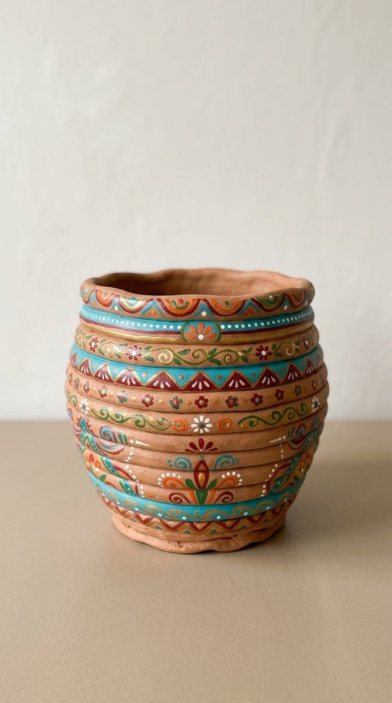 Unglazed coil pot with hand painted colorful accent details