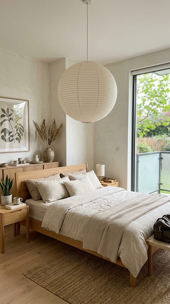 Paper lantern pendant light hanging in a Japandi bedroom