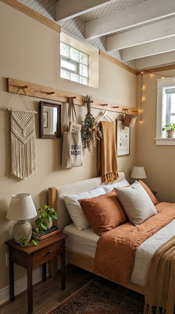 Peg rail with hanging decor around a basement bedroom