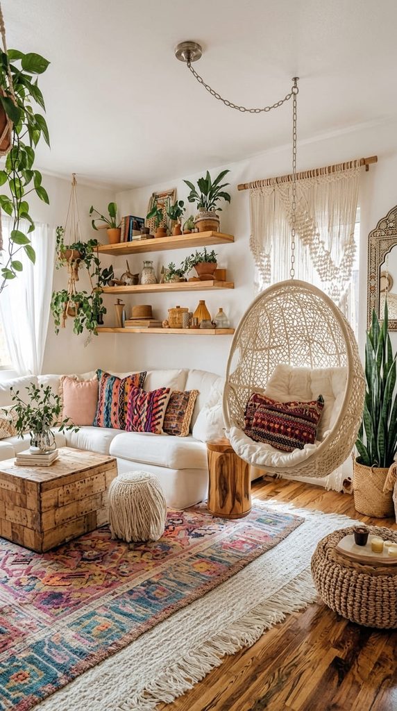 boho living room corner styled with layered plants of different heights