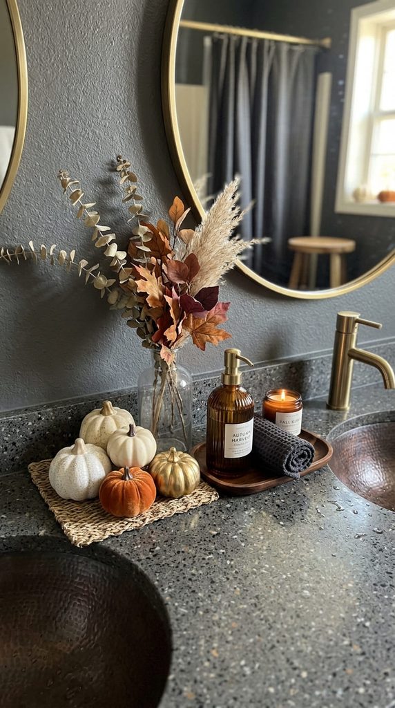 small decorative pumpkins styled on bathroom counter