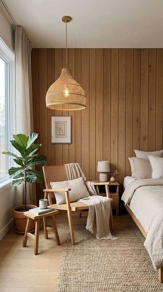 Woven rattan pendant light and cane accent chair in a Japandi bedroom