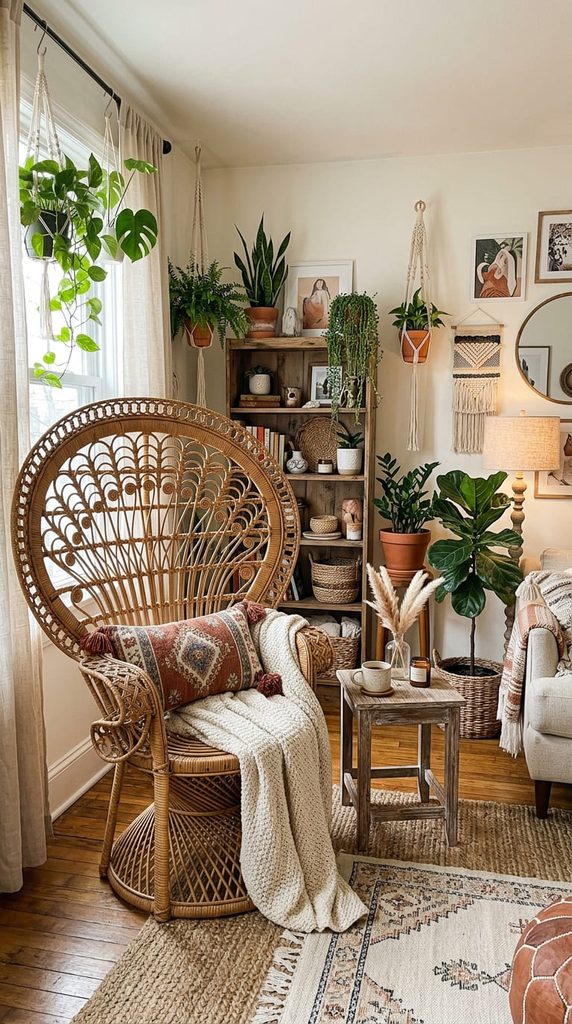 rattan accent chair as a statement piece in a boho living room