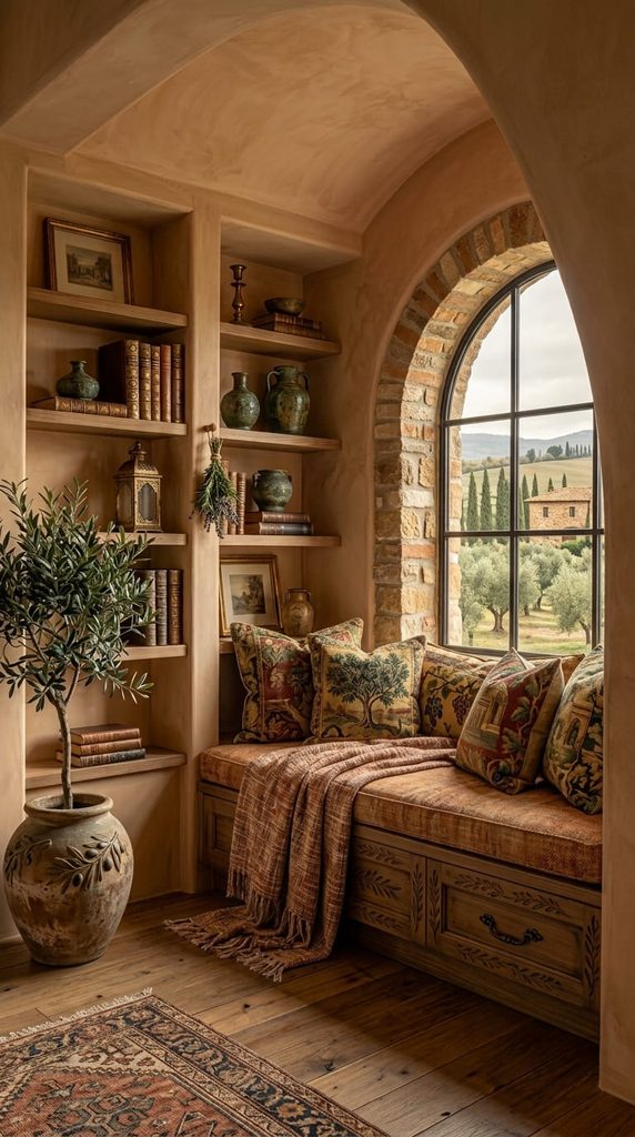reading nook with old world charm in tuscan bedroom