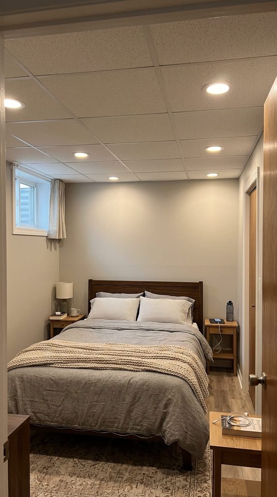 Recessed lighting installed in a low basement bedroom ceiling