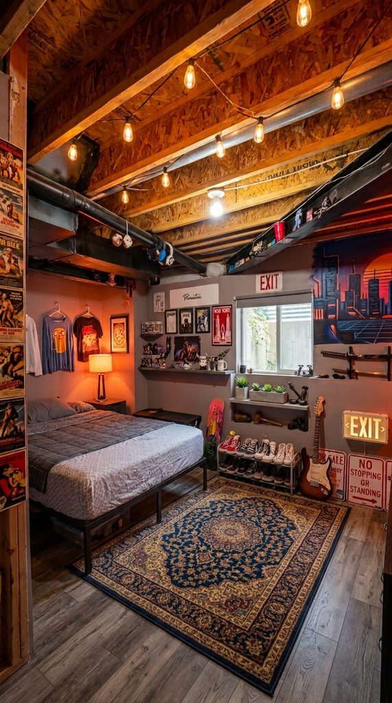Basement bedroom with drop ceiling removed to add height