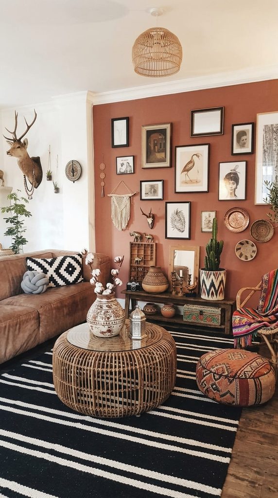 boho living room with rust and terracotta colored accent decor